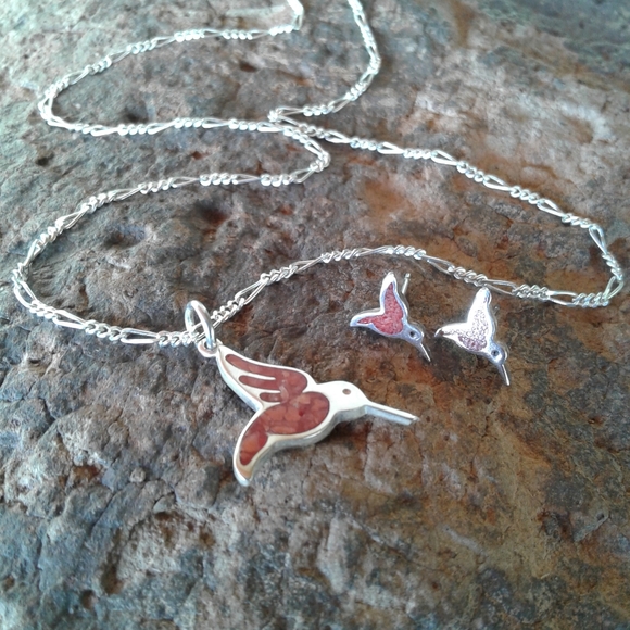 Sterling Silver Vintage Red Coral Hummingbird necklace SET - Picture 2 of 9